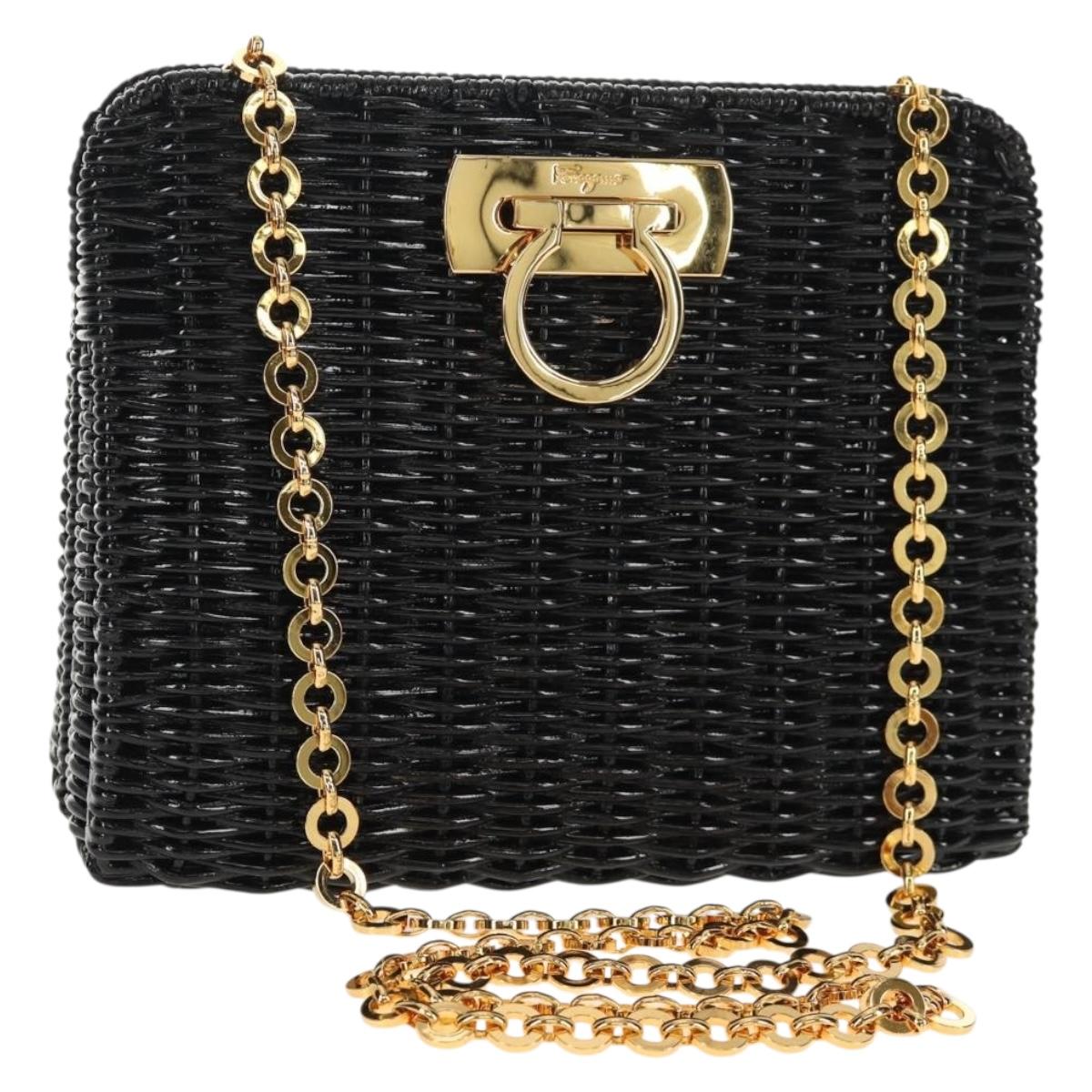 Salvatore Ferragamo Chain Gancini Shoulder Bag Rattan Black Gold Auth 154910V