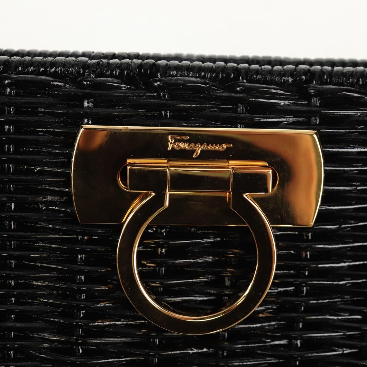 Salvatore Ferragamo Chain Gancini Shoulder Bag Rattan Black Gold Auth 154910V