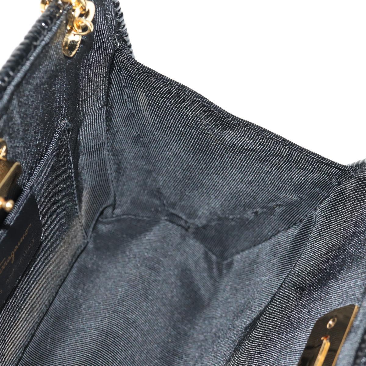 Salvatore Ferragamo Chain Gancini Shoulder Bag Rattan Black Gold Auth 154910V