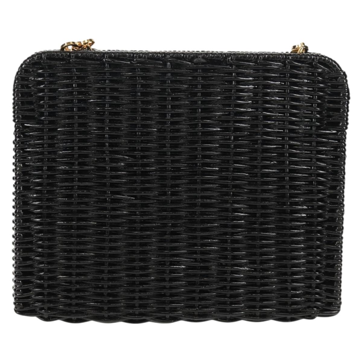 Salvatore Ferragamo Chain Gancini Shoulder Bag Rattan Black Gold Auth 154910V