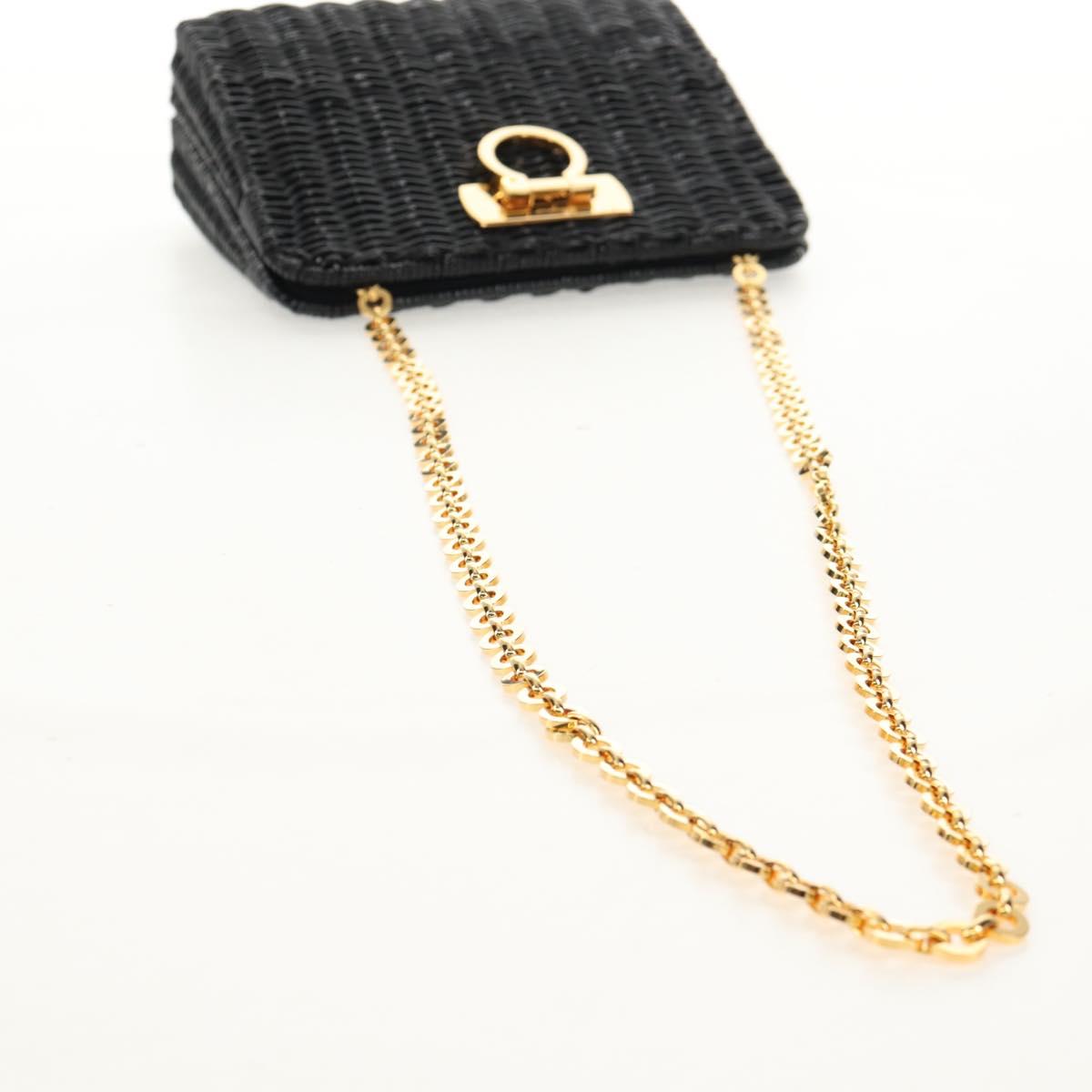 Salvatore Ferragamo Chain Gancini Shoulder Bag Rattan Black Gold Auth 154910V
