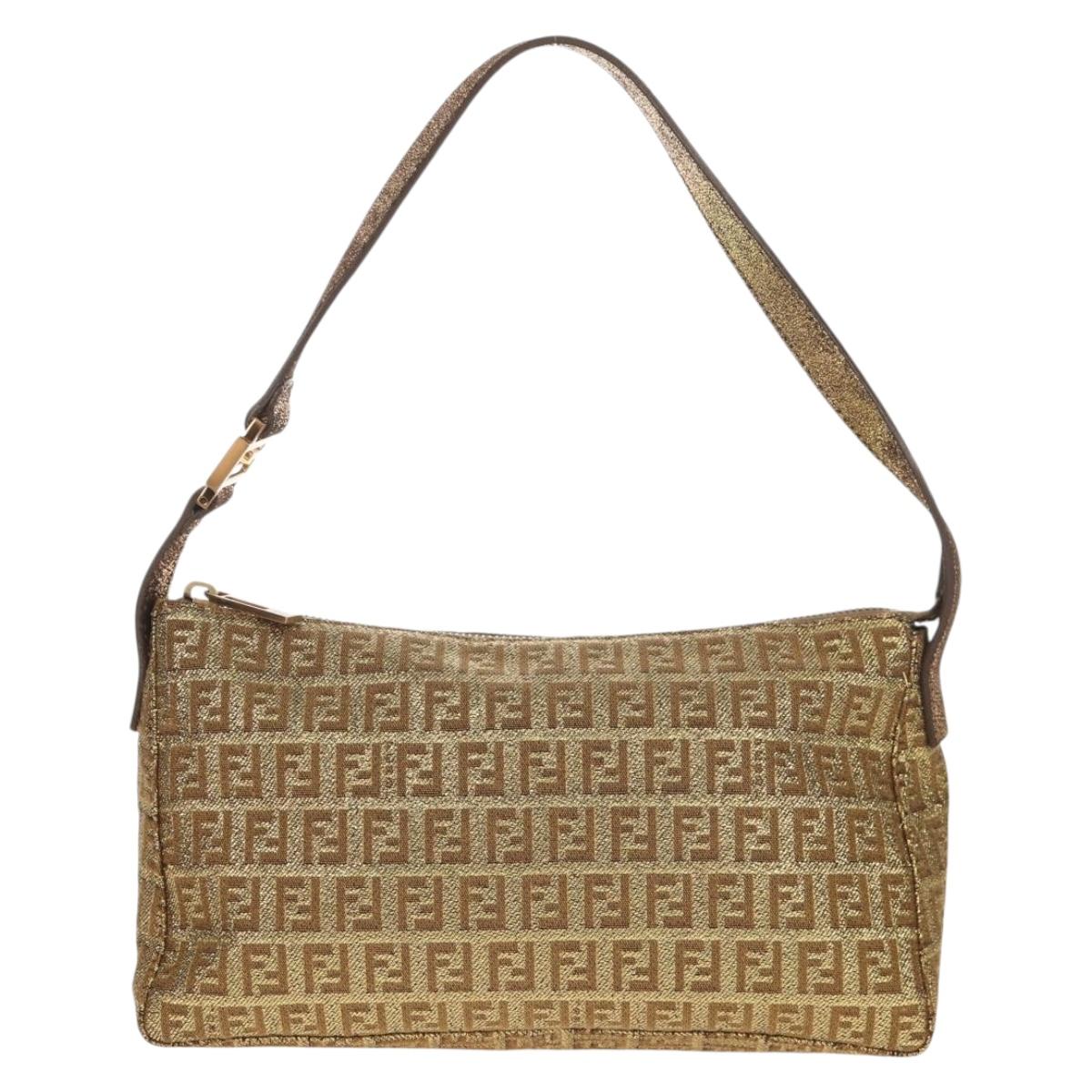 FENDI Zucchino Canvas Shoulder Bag Gold Auth 154915SAM