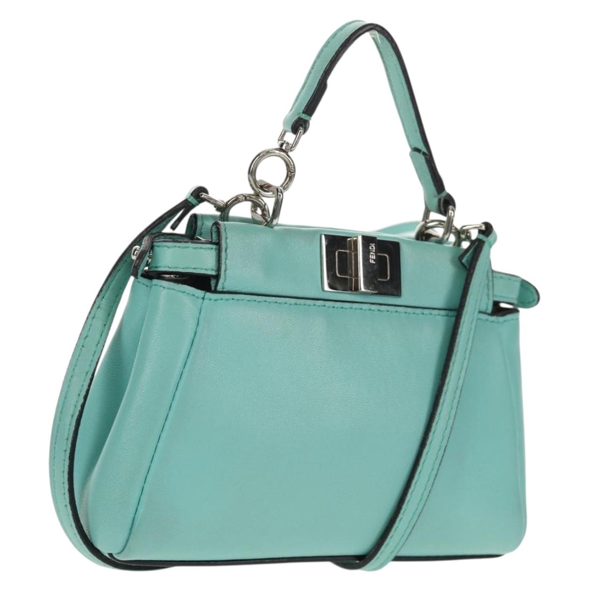 FENDI Micro Peek A Boo Hand Bag Leather 2way Turquoise Blue Silver Auth 154920V