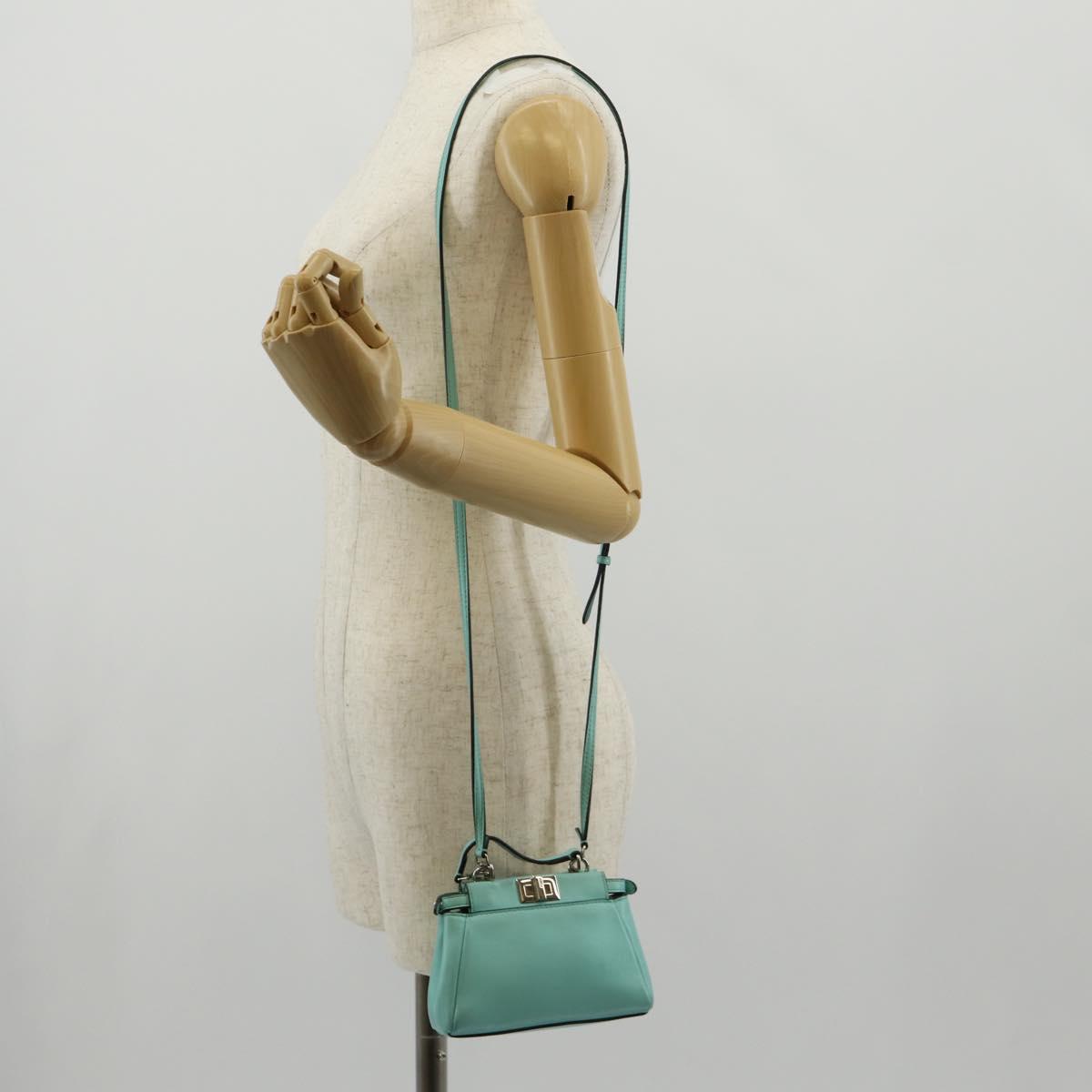 FENDI Micro Peek A Boo Hand Bag Leather 2way Turquoise Blue Silver Auth 154920V