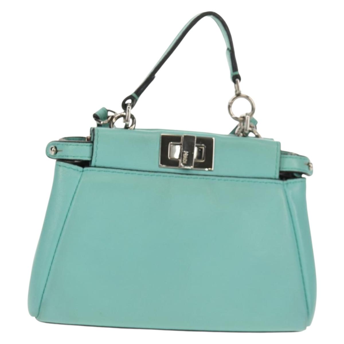 FENDI Micro Peek A Boo Hand Bag Leather 2way Turquoise Blue Silver Auth 154920V