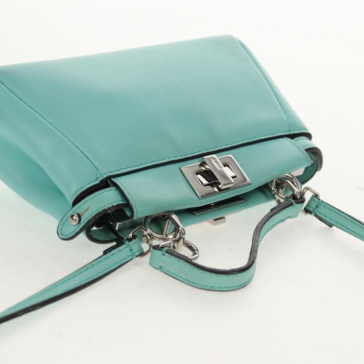 FENDI Micro Peek A Boo Hand Bag Leather 2way Turquoise Blue Silver Auth 154920V