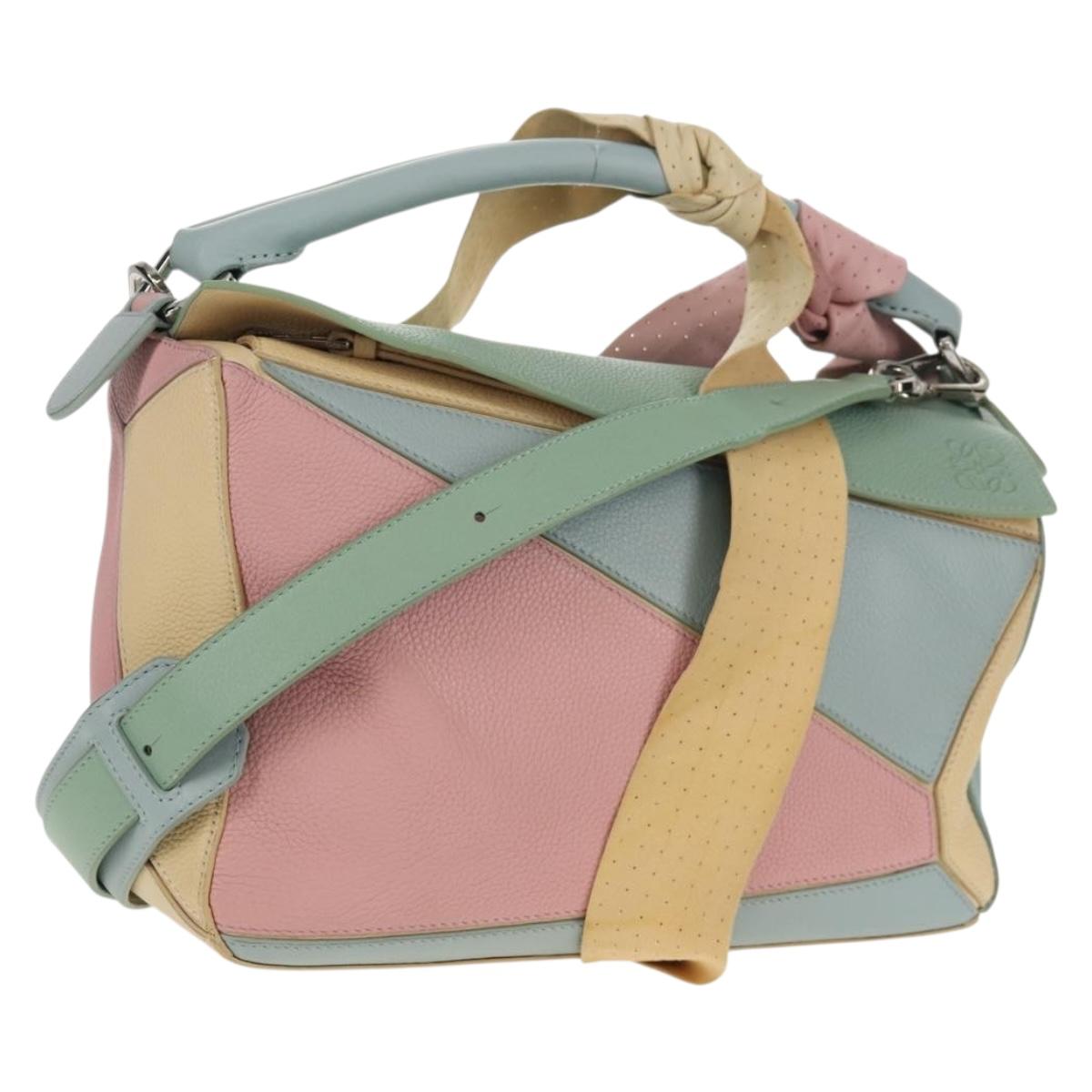 LOEWE Puzzle bag Medium Hand Bag Leather 2way Light Blue Silver Auth 154922SAM