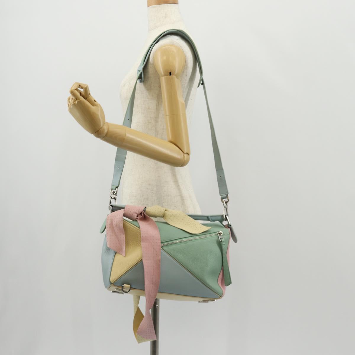 LOEWE Puzzle bag Medium Hand Bag Leather 2way Light Blue Silver Auth 154922SAM