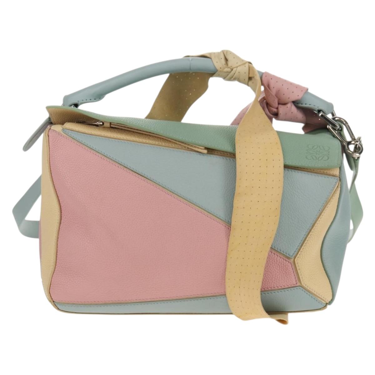 LOEWE Puzzle bag Medium Hand Bag Leather 2way Light Blue Silver Auth 154922SAM