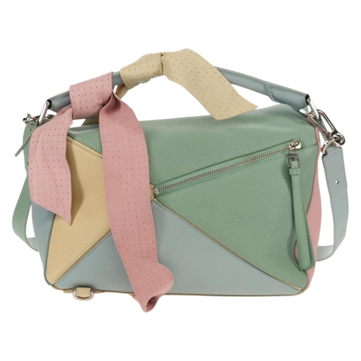 LOEWE Puzzle bag Medium Hand Bag Leather 2way Light Blue Silver Auth 154922SAM