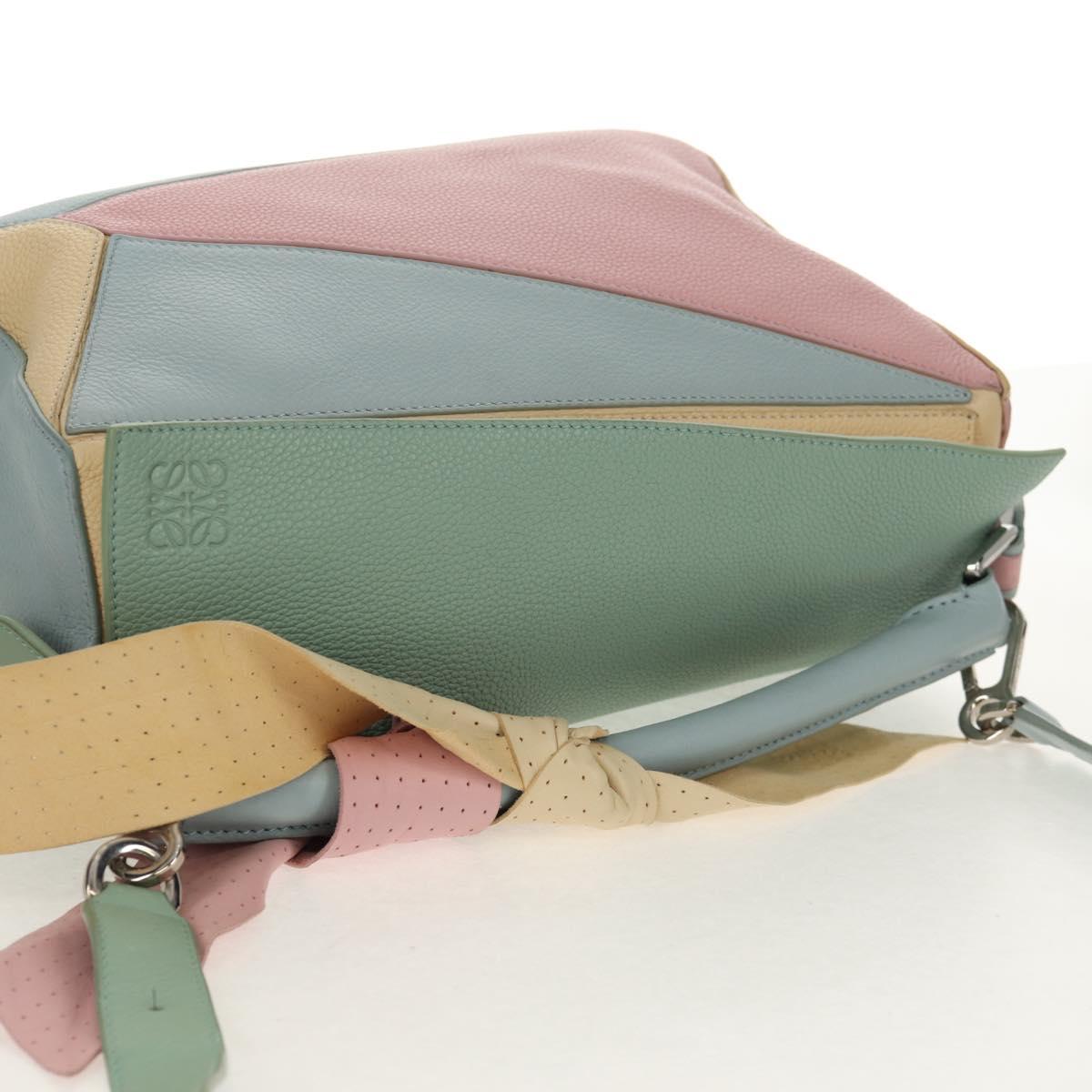 LOEWE Puzzle bag Medium Hand Bag Leather 2way Light Blue Silver Auth 154922SAM