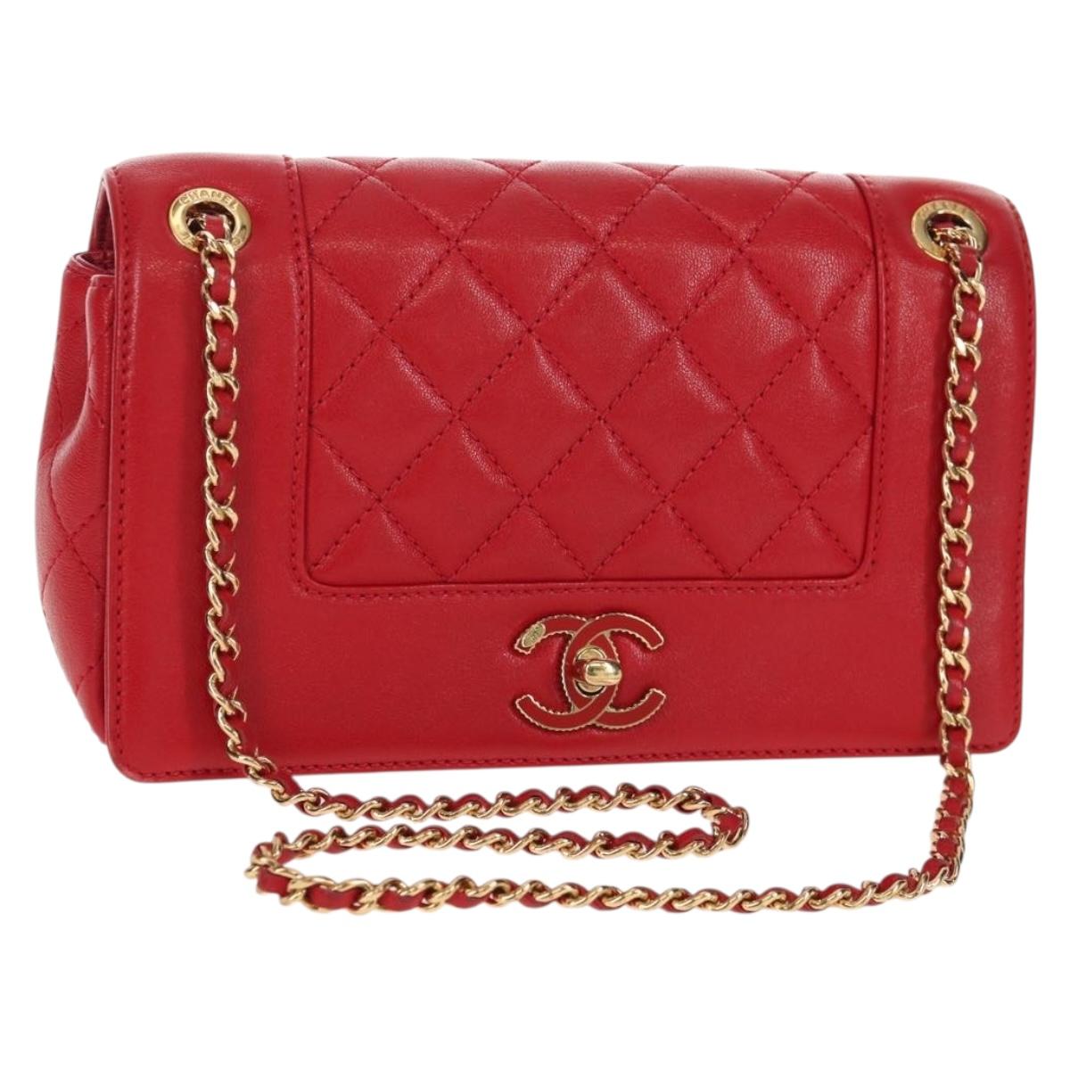 CHANEL Matelasse Mademoiselle Chain Bag Lamb Skin Red Gold CC Auth 154928V