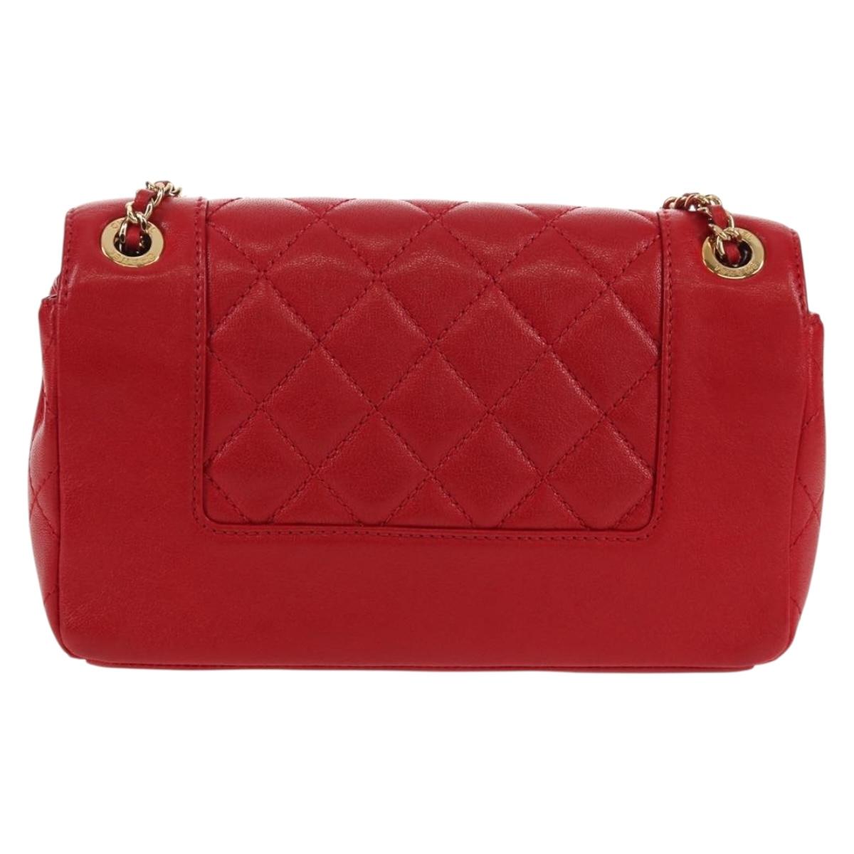 CHANEL Matelasse Mademoiselle Chain Bag Lamb Skin Red Gold CC Auth 154928V