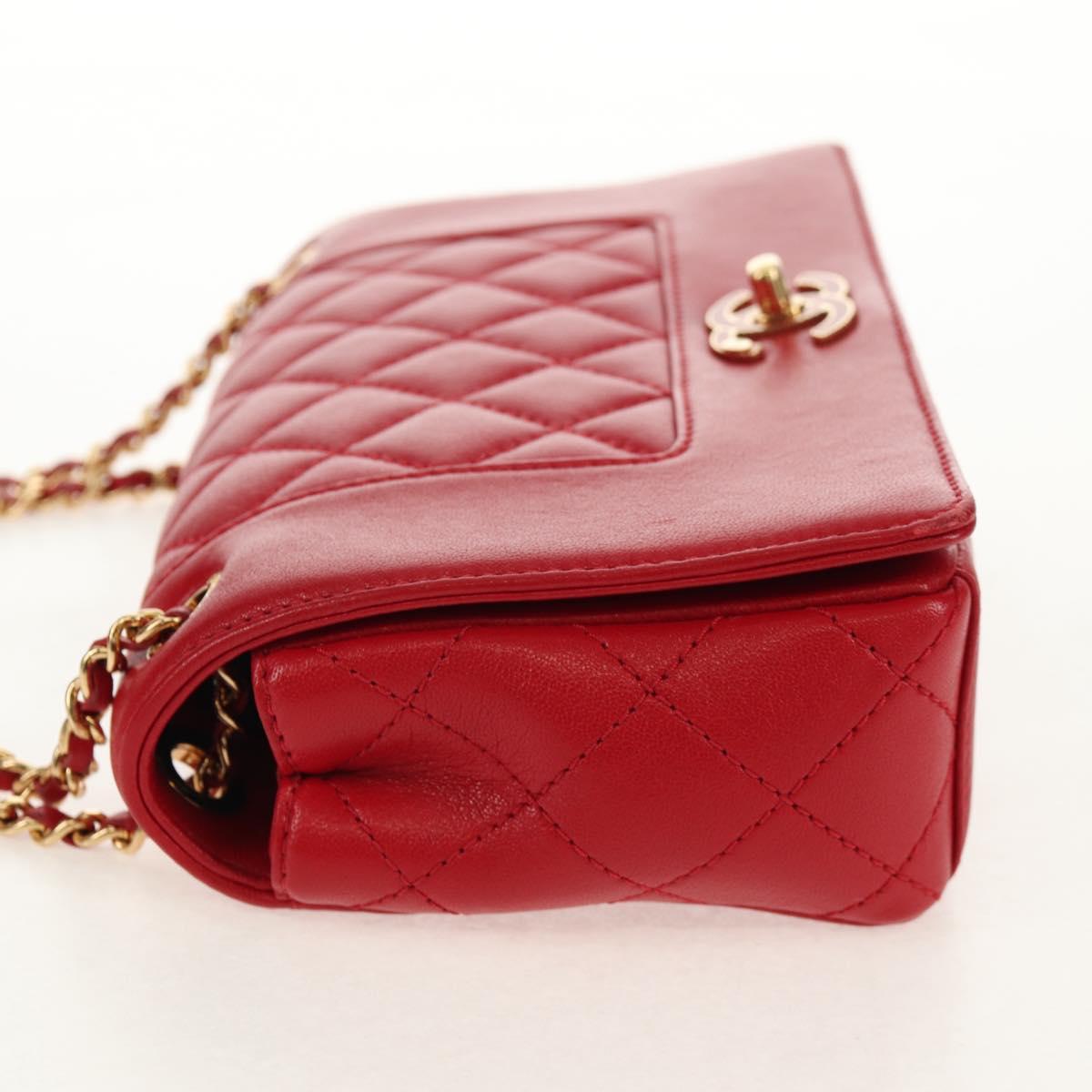 CHANEL Matelasse Mademoiselle Chain Bag Lamb Skin Red Gold CC Auth 154928V