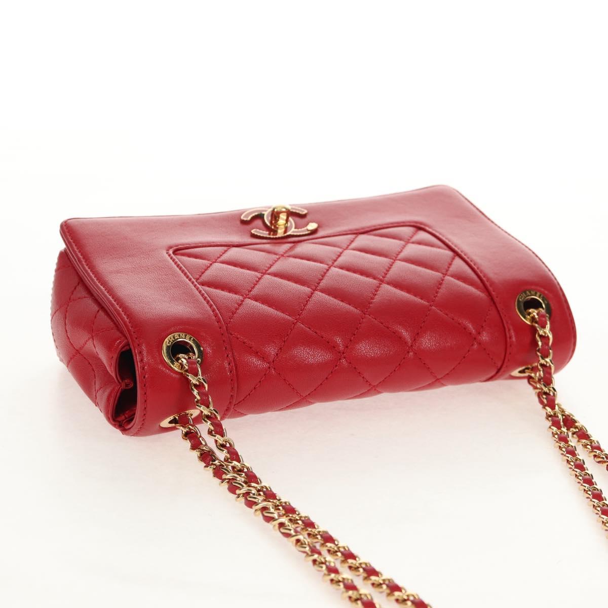 CHANEL Matelasse Mademoiselle Chain Bag Lamb Skin Red Gold CC Auth 154928V