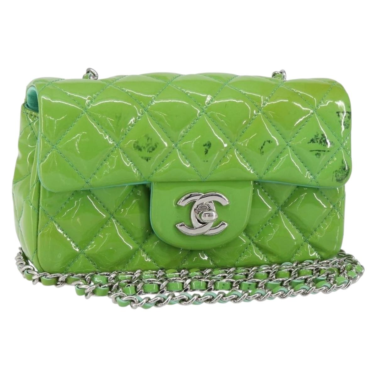 CHANEL Extra Mini Matelasse Chain Bag Patent leather Green Silver CC Auth 154929