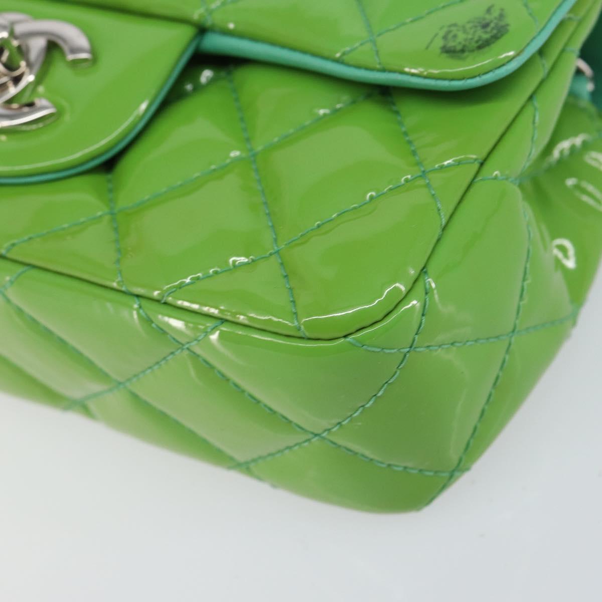 CHANEL Extra Mini Matelasse Chain Bag Patent leather Green Silver CC Auth 154929