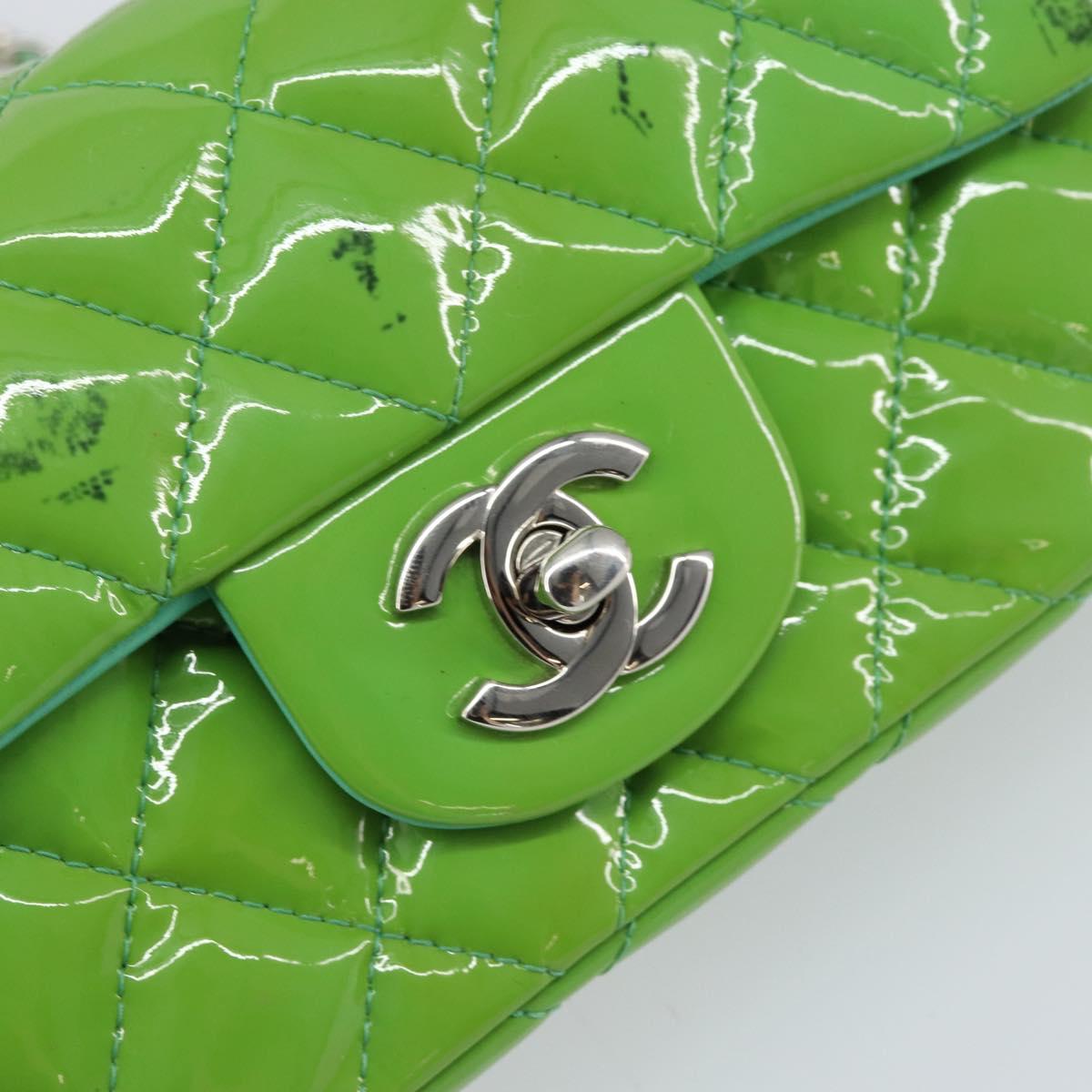 CHANEL Extra Mini Matelasse Chain Bag Patent leather Green Silver CC Auth 154929
