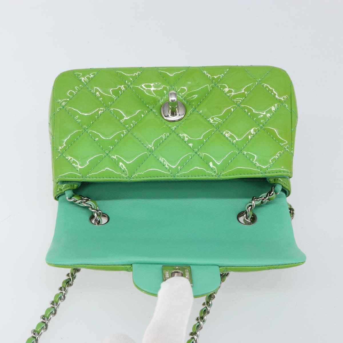 CHANEL Extra Mini Matelasse Chain Bag Patent leather Green Silver CC Auth 154929