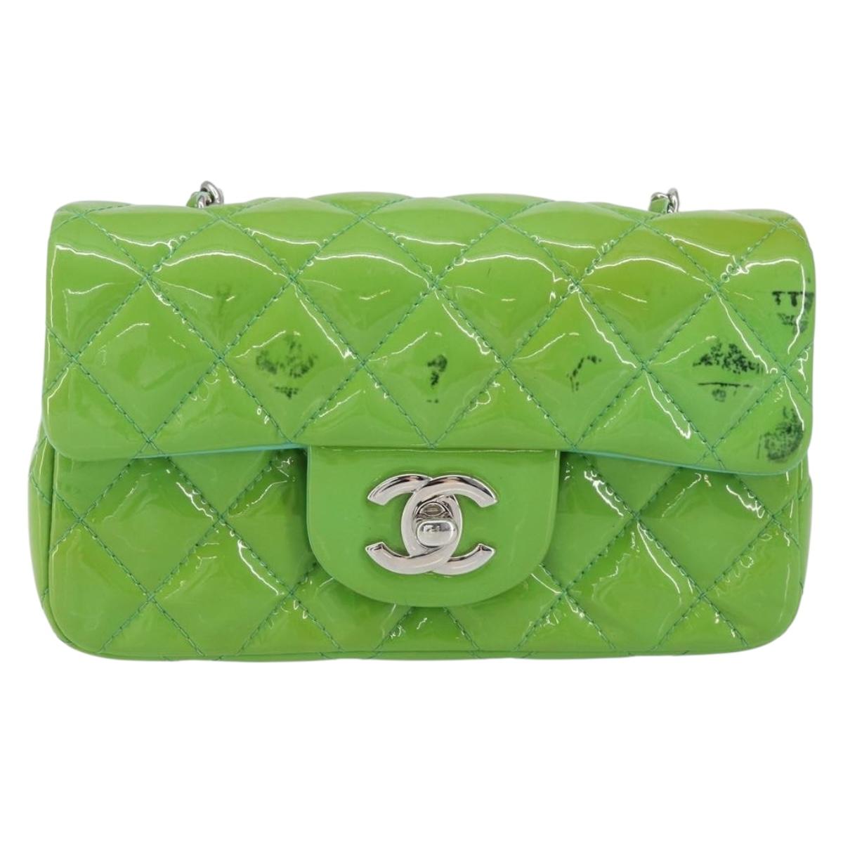 CHANEL Extra Mini Matelasse Chain Bag Patent leather Green Silver CC Auth 154929