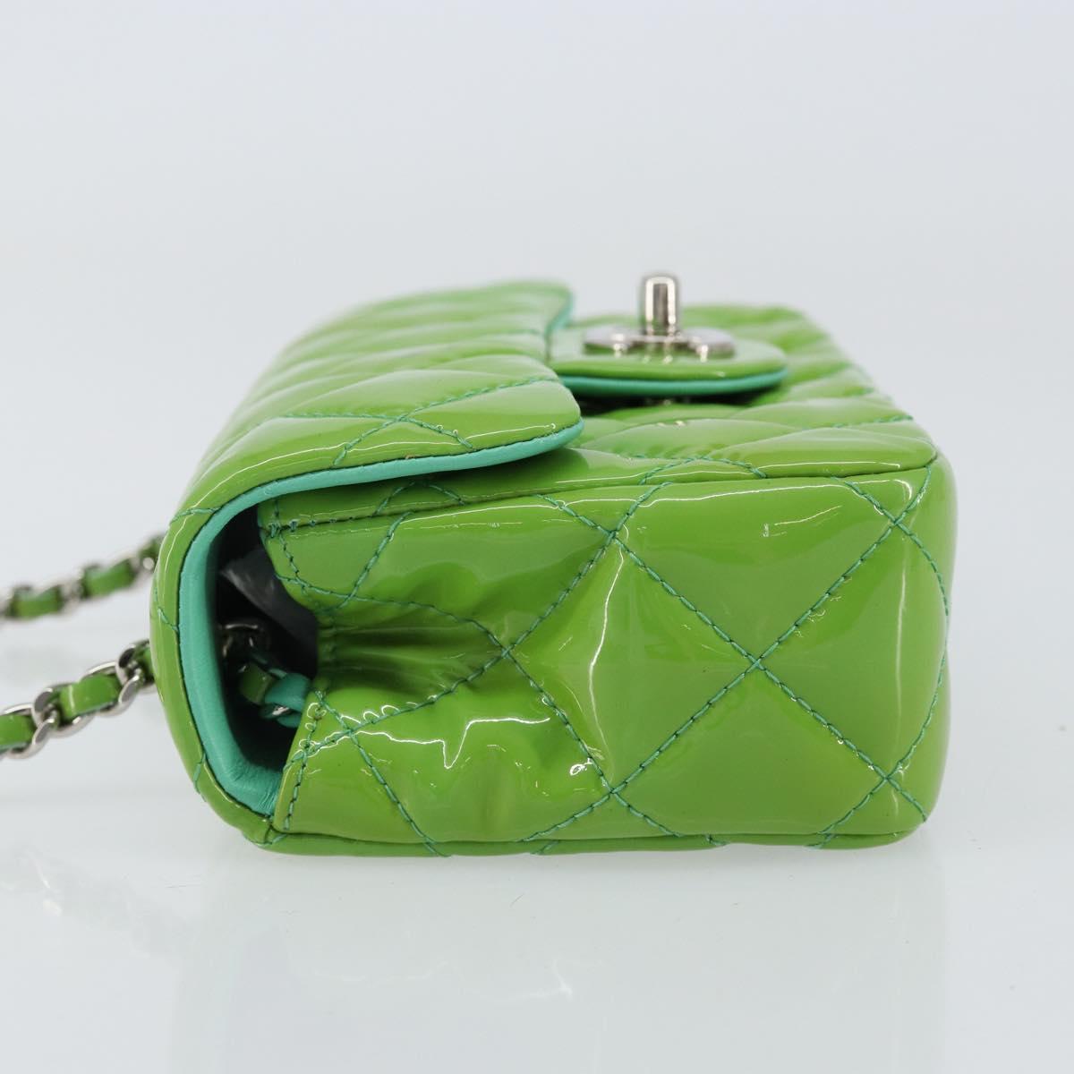 CHANEL Extra Mini Matelasse Chain Bag Patent leather Green Silver CC Auth 154929