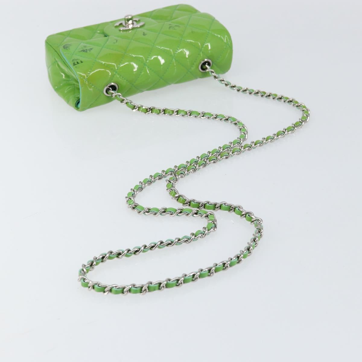 CHANEL Extra Mini Matelasse Chain Bag Patent leather Green Silver CC Auth 154929