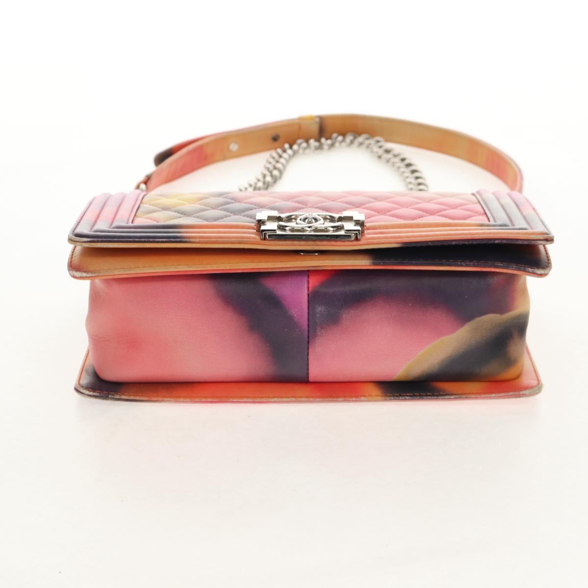 CHANEL Boy Chanel Medium Chain Bag Lamb Skin Orange Silver CC Auth 154930V