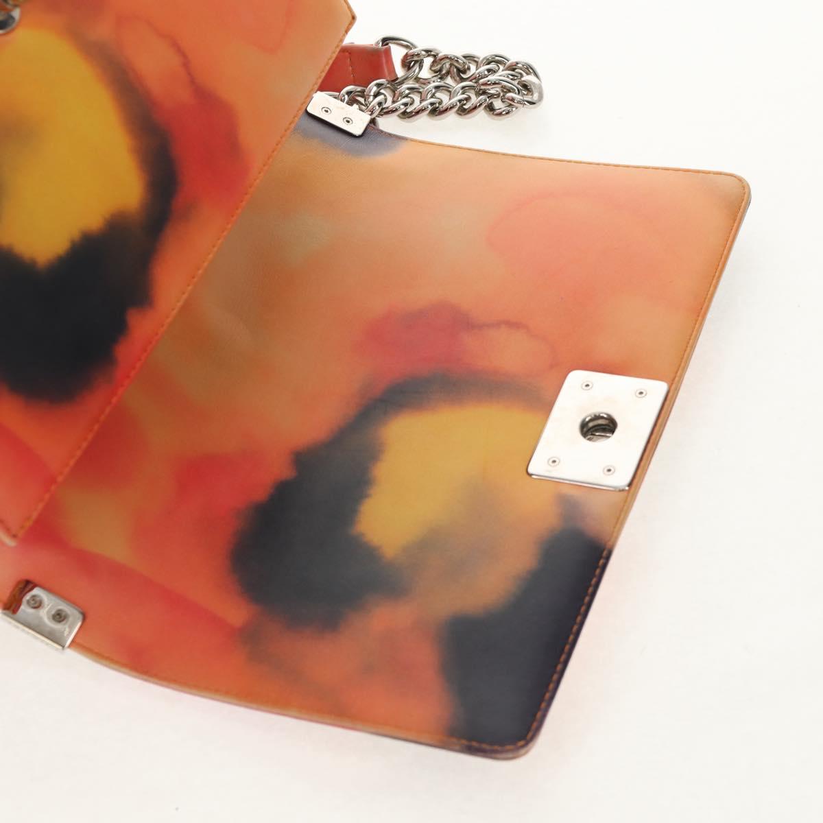 CHANEL Boy Chanel Medium Chain Bag Lamb Skin Orange Silver CC Auth 154930V