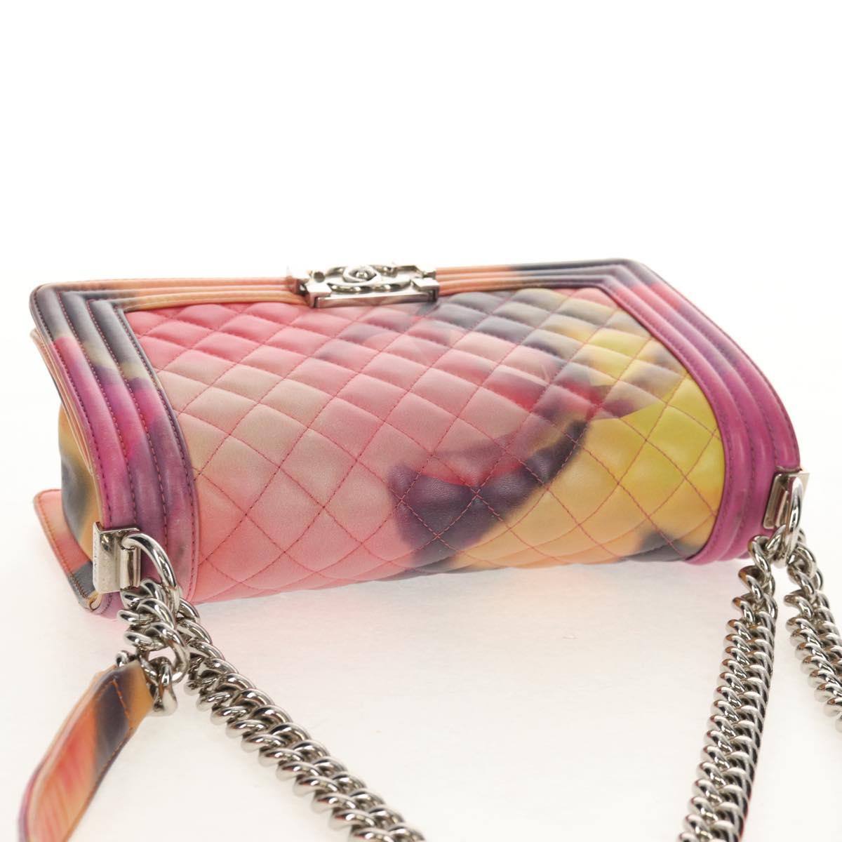 CHANEL Boy Chanel Medium Chain Bag Lamb Skin Orange Silver CC Auth 154930V