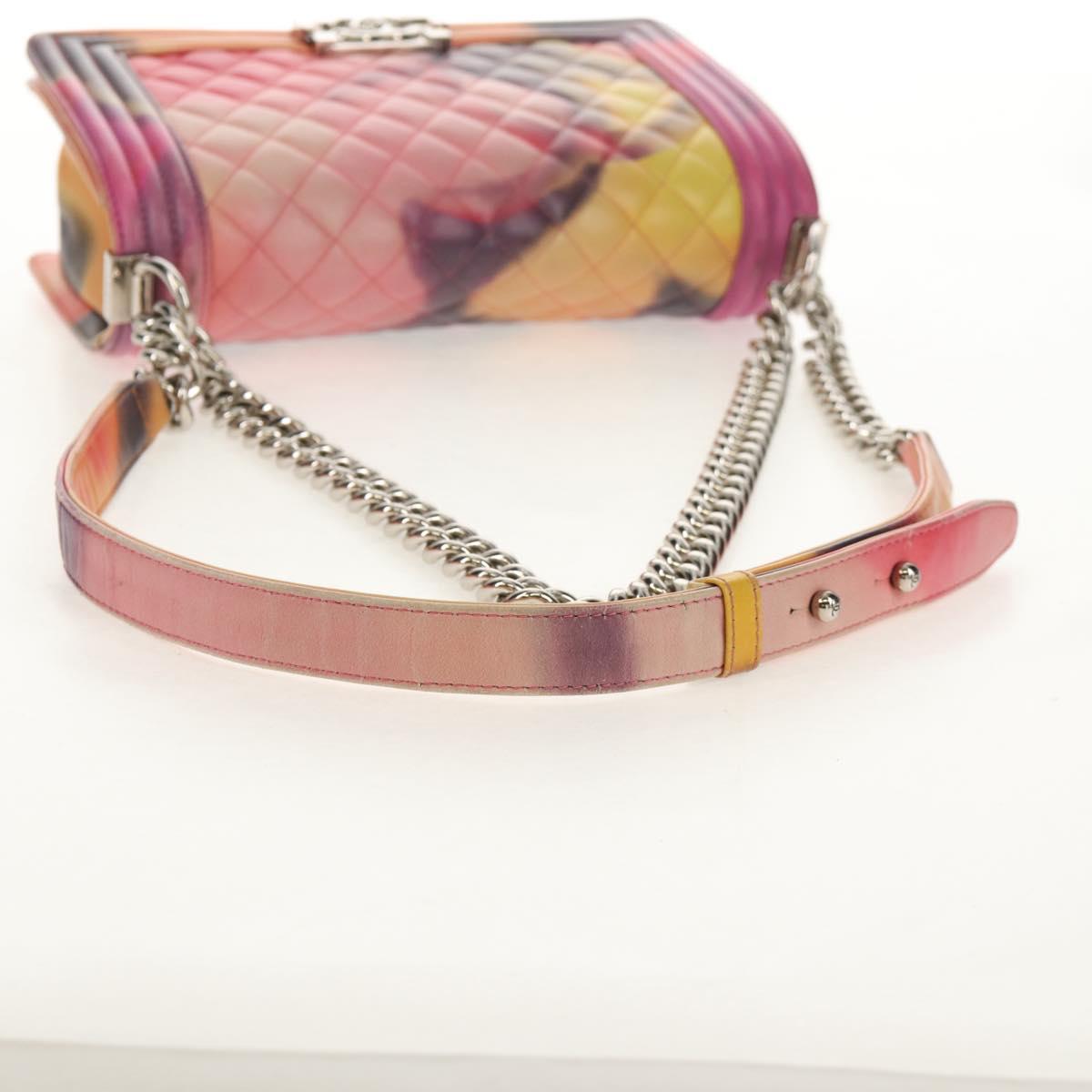 CHANEL Boy Chanel Medium Chain Bag Lamb Skin Orange Silver CC Auth 154930V