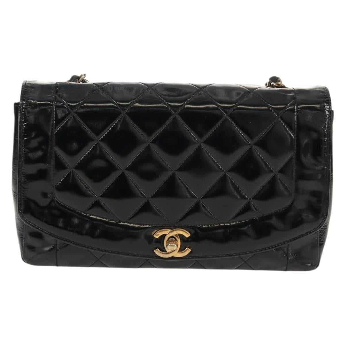 CHANEL Matelasse Chain Diana Bag Patent leather Black Gold CC Auth 154931V
