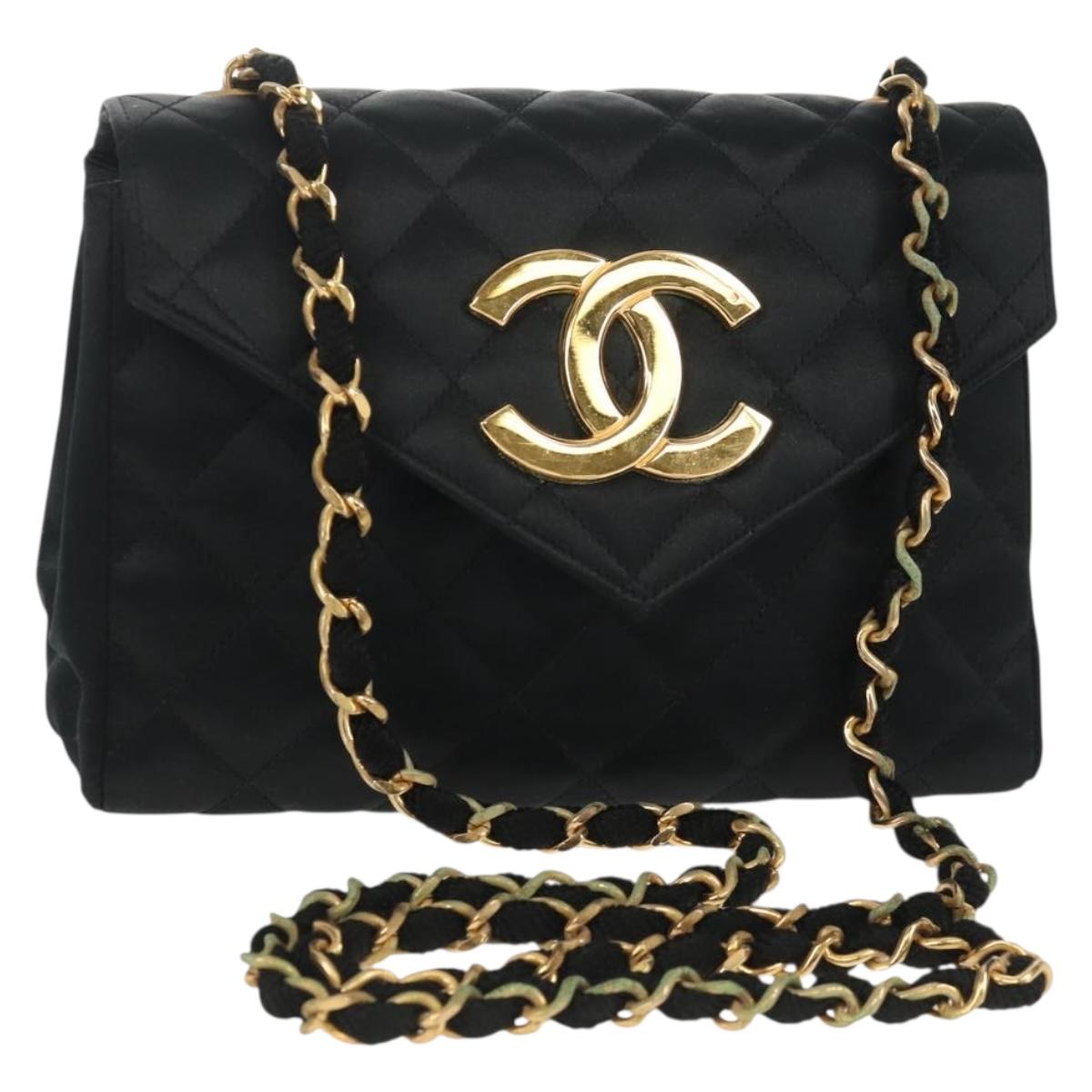CHANEL Matelasse Chain Shoulder Bag Satin Black Gold CC Auth 154932SAV
