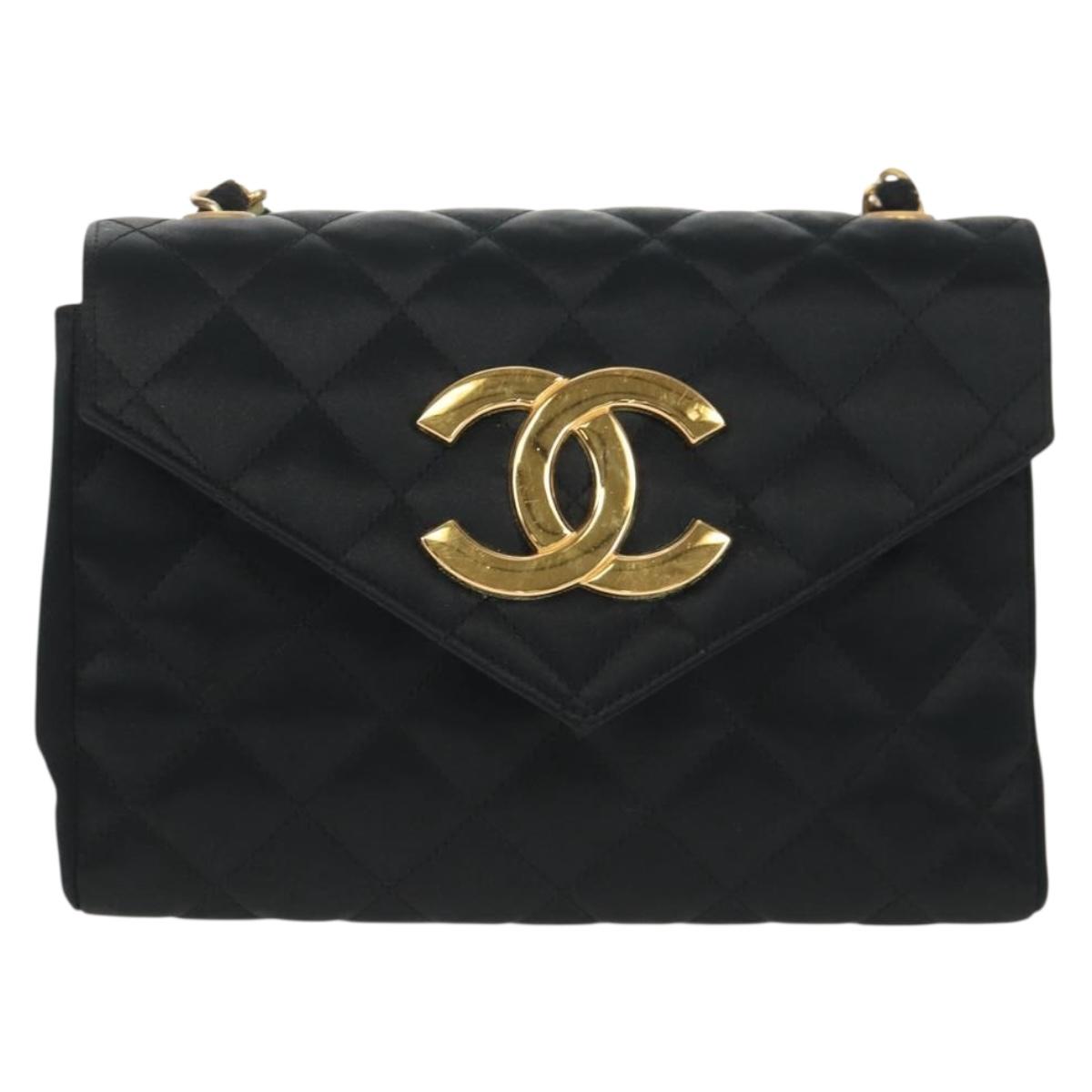 CHANEL Matelasse Chain Shoulder Bag Satin Black Gold CC Auth 154932SAV