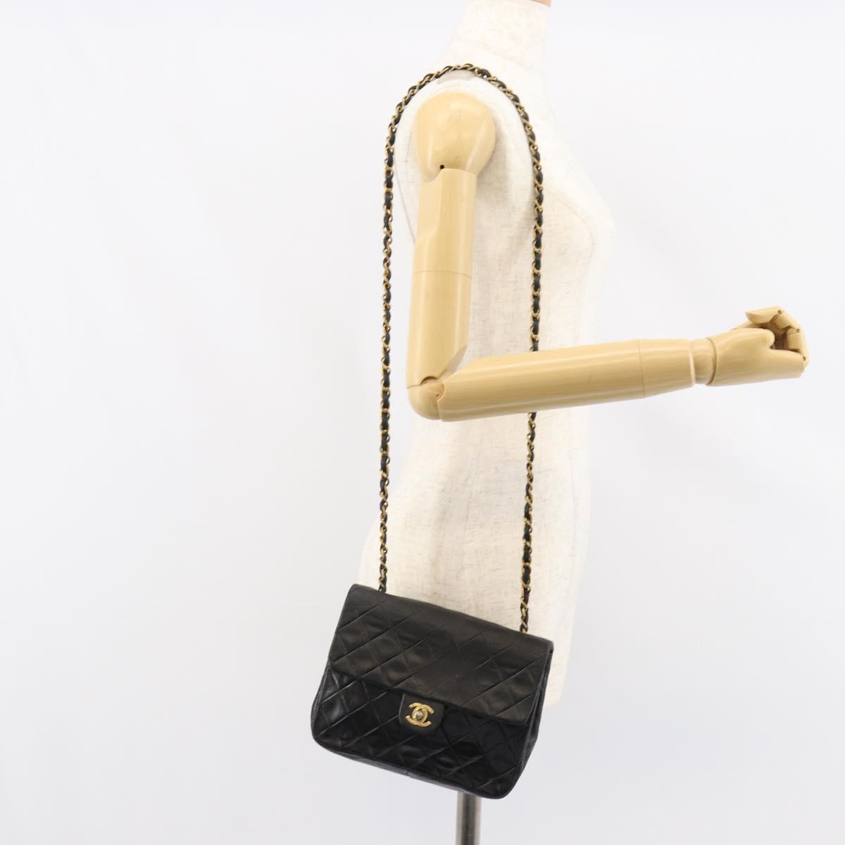CHANEL Mini Matelasse Chain Shoulder Bag Leather Black Gold CC Auth 154933