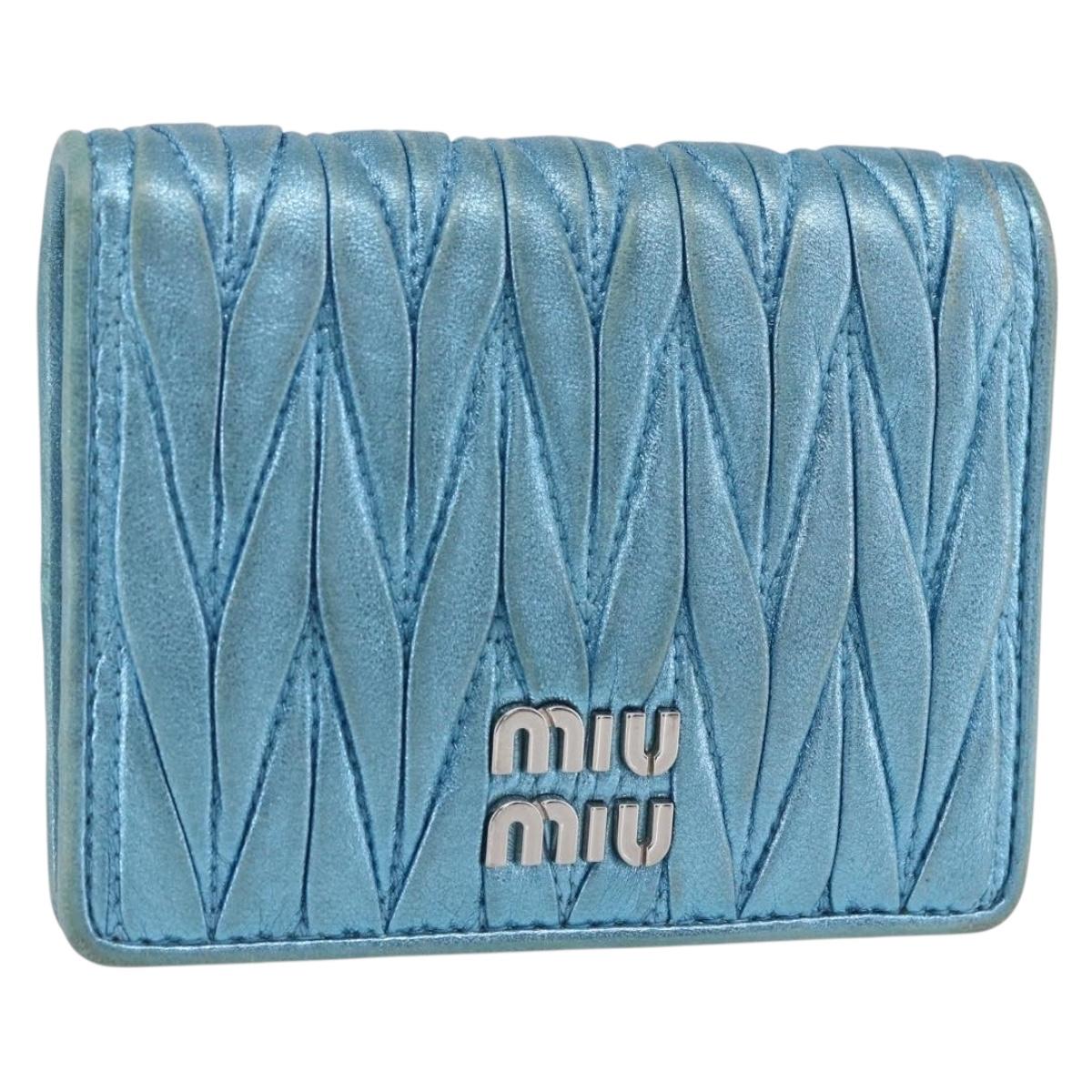 Miu Miu Matelasse Wallet Leather Blue Silver Auth 154966