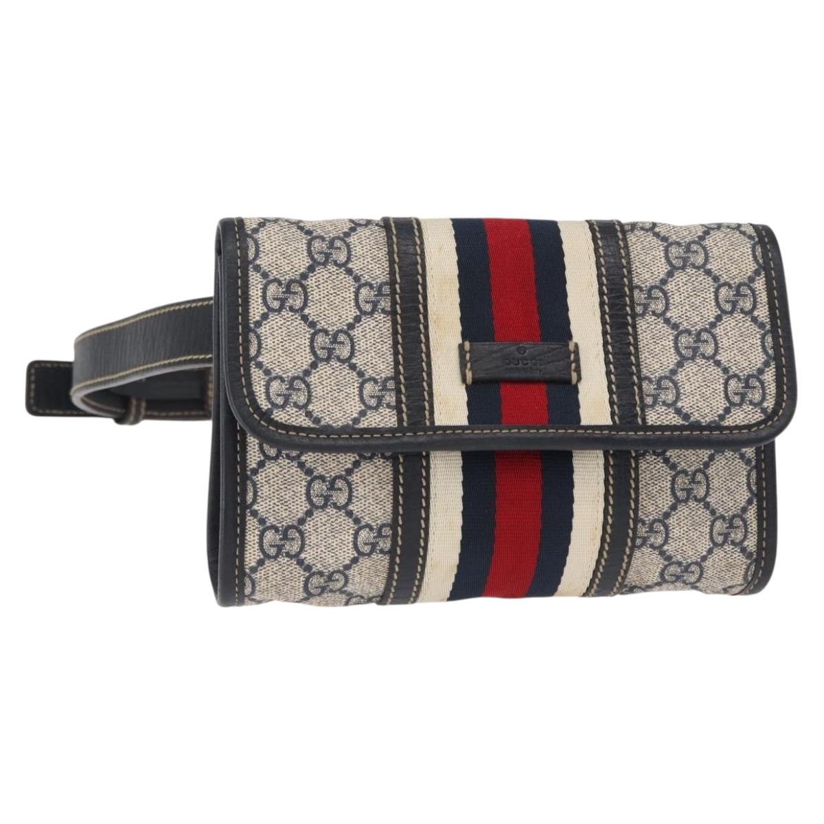 GUCCI GG Supreme Sherry Line Waist Bag PVC Navy Silver 152597 Auth 155059