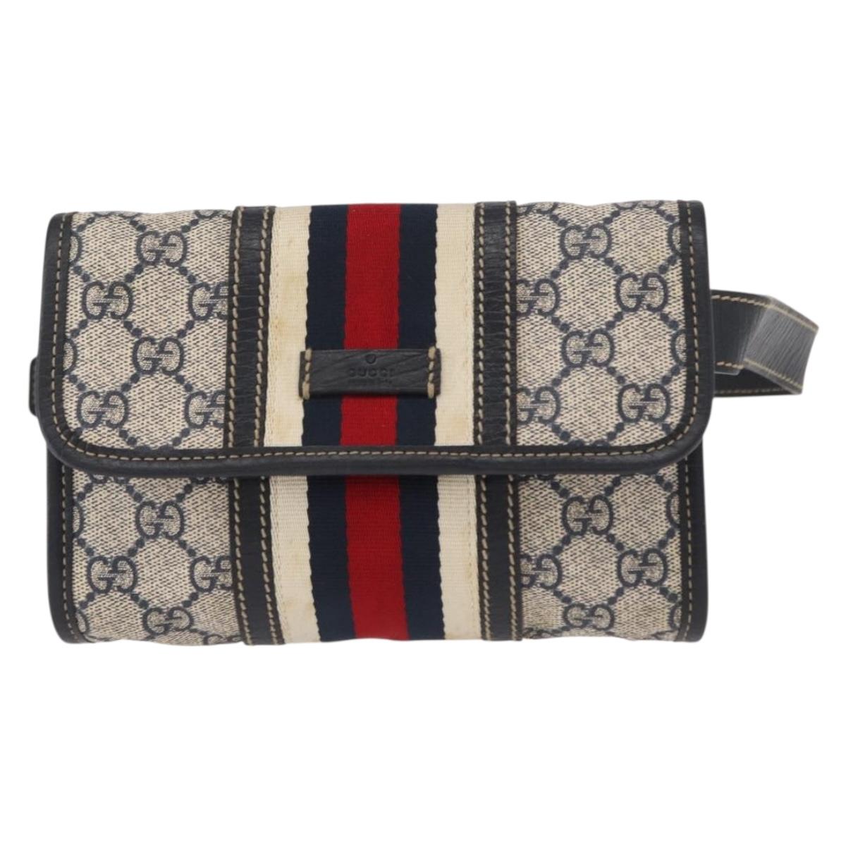 GUCCI GG Supreme Sherry Line Waist Bag PVC Navy Silver 152597 Auth 155059