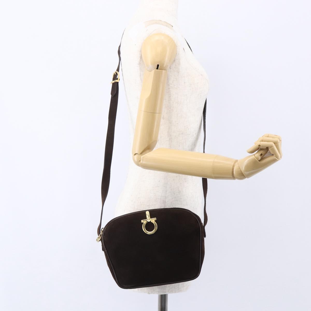 Salvatore Ferragamo Gancini Shoulder Bag Suede Brown Gold Auth 155065