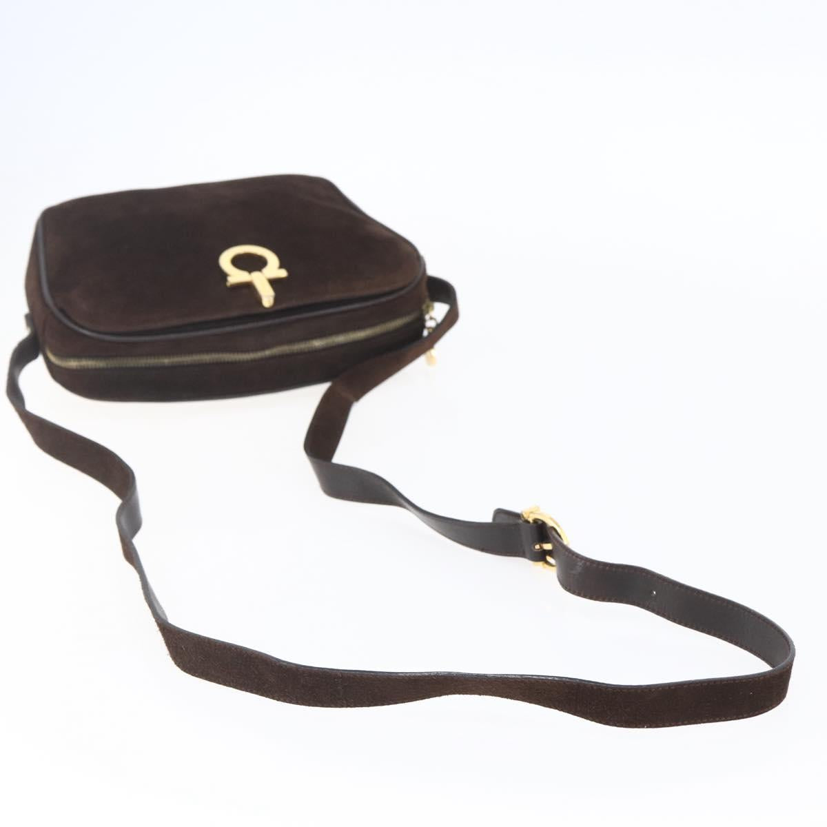 Salvatore Ferragamo Gancini Shoulder Bag Suede Brown Gold Auth 155065
