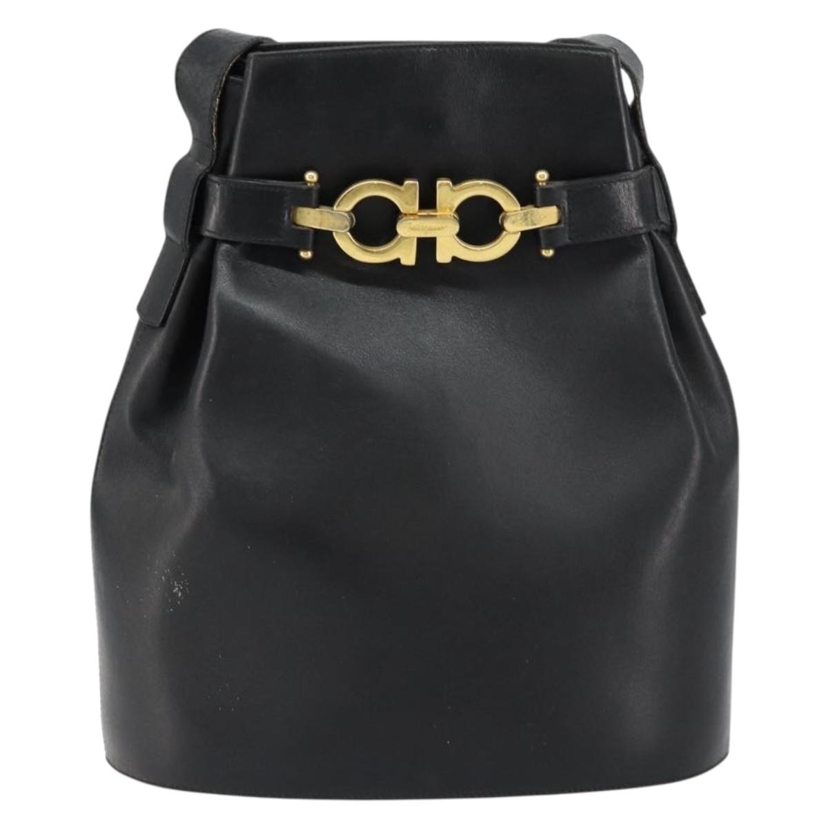 Salvatore Ferragamo Gancini Shoulder Bag Leather Black Gold Auth 155067