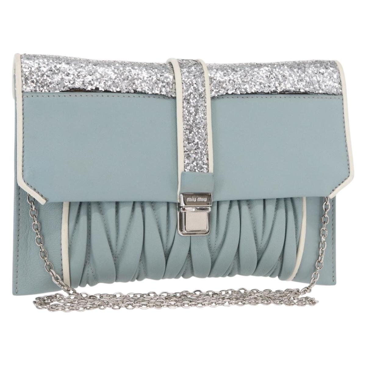Miu Miu Matelasse Chain Shoulder Bag Leather Light Blue Silver Auth 155072