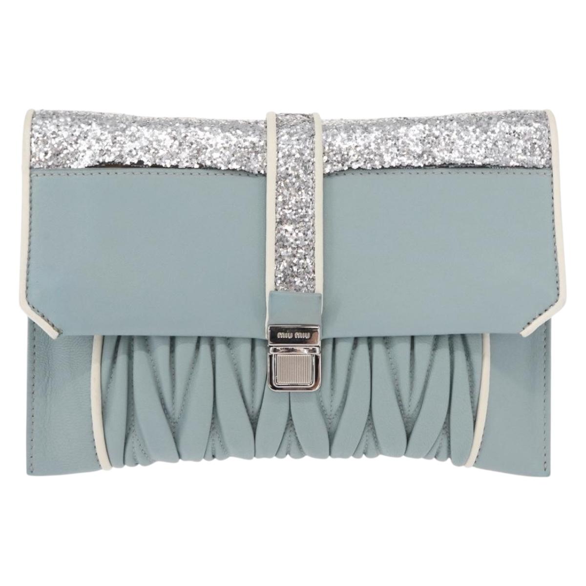 Miu Miu Matelasse Chain Shoulder Bag Leather Light Blue Silver Auth 155072