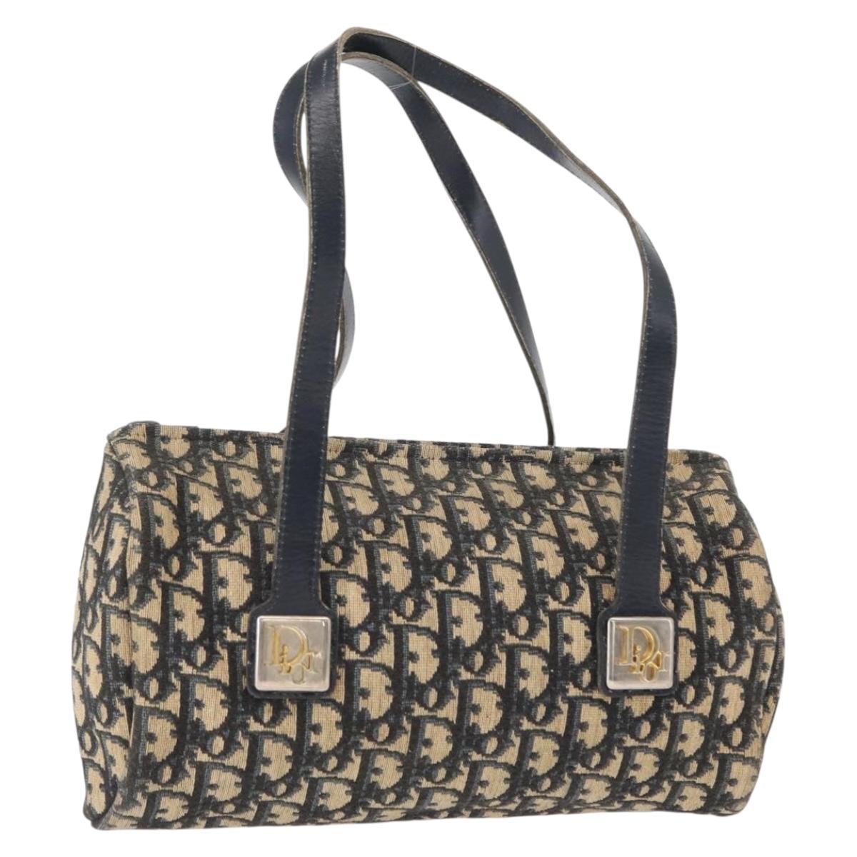Christian Dior Trotter Canvas Hand Bag Navy Gold Auth 155076