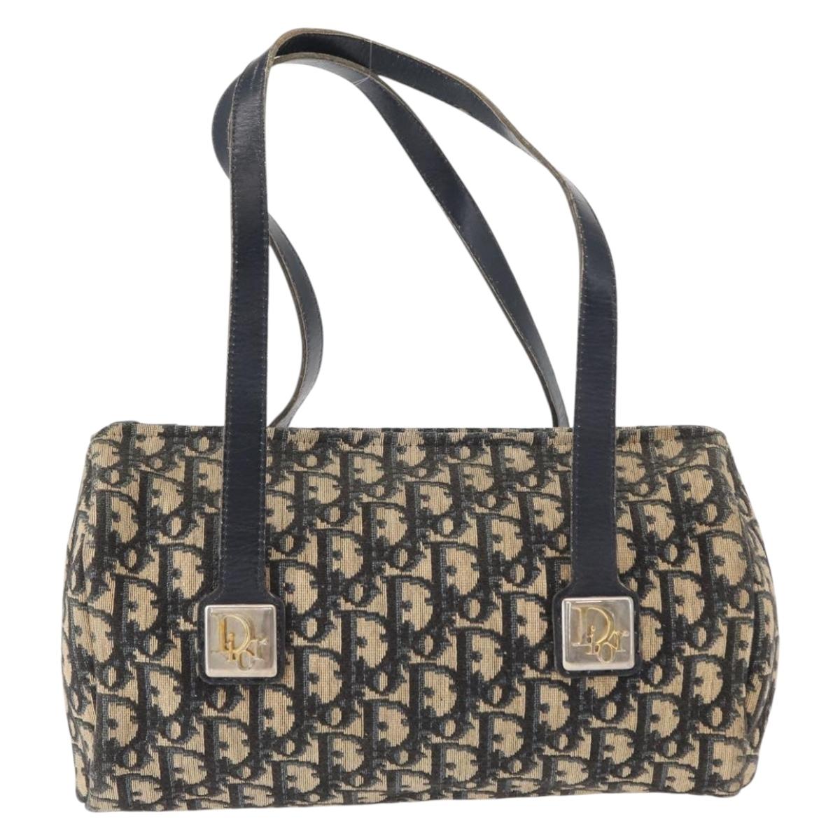 Christian Dior Trotter Canvas Hand Bag Navy Gold Auth 155076
