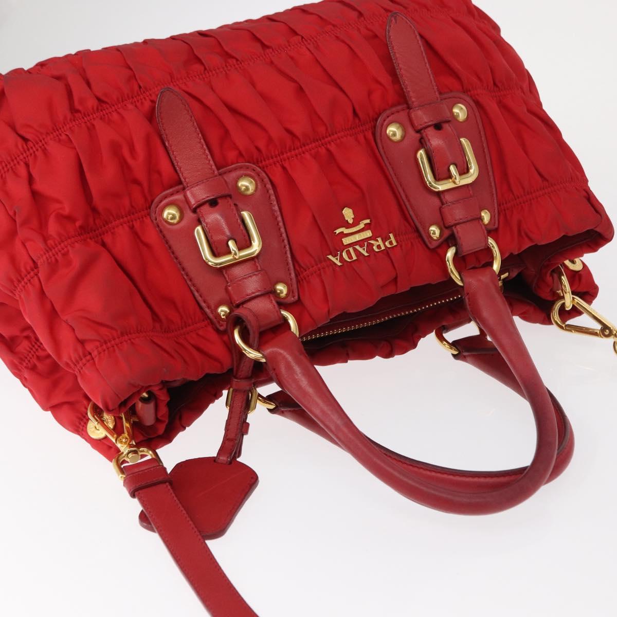 PRADA Hand Bag Nylon Leather 2way Red Gold Auth 155077