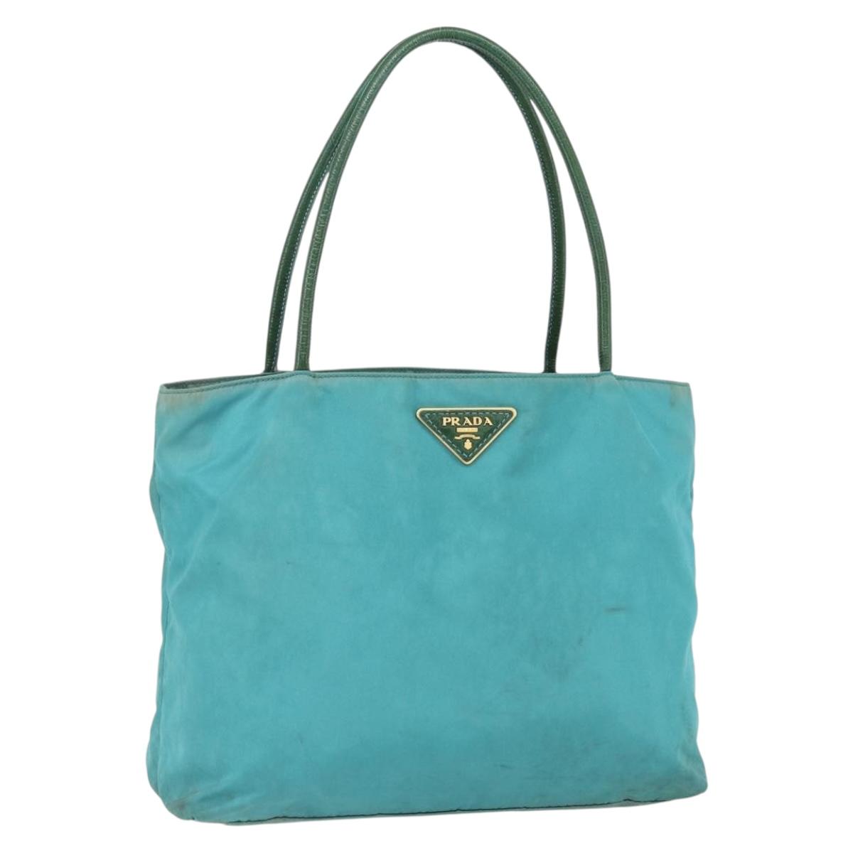 PRADA Tote Bag Nylon Turquoise Blue Gold Auth 155080