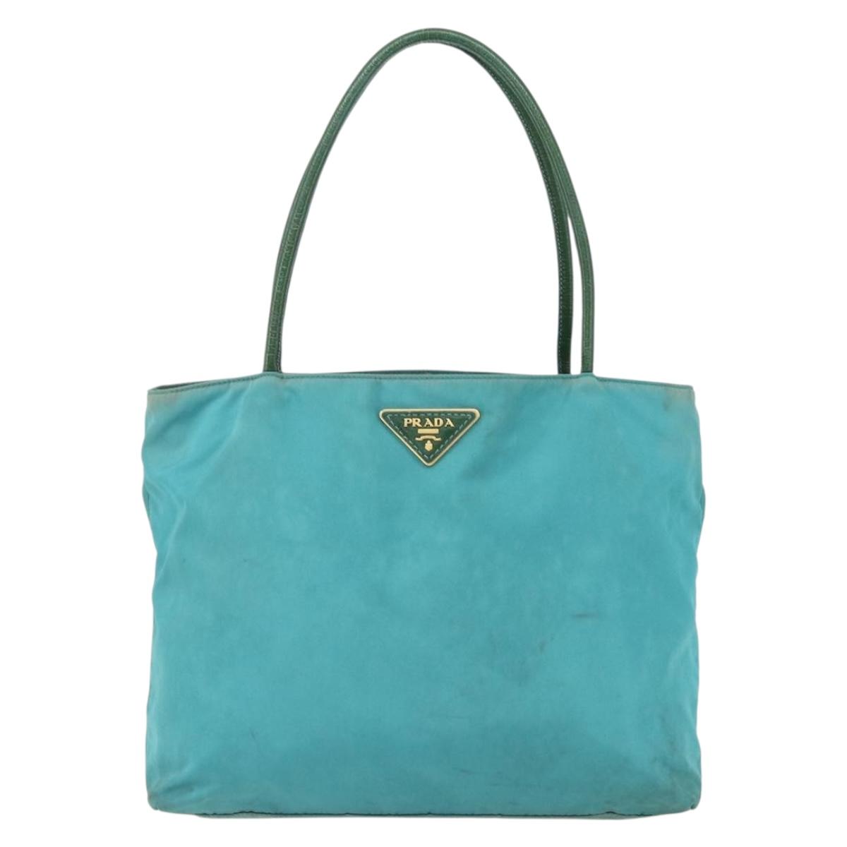 PRADA Tote Bag Nylon Turquoise Blue Gold Auth 155080