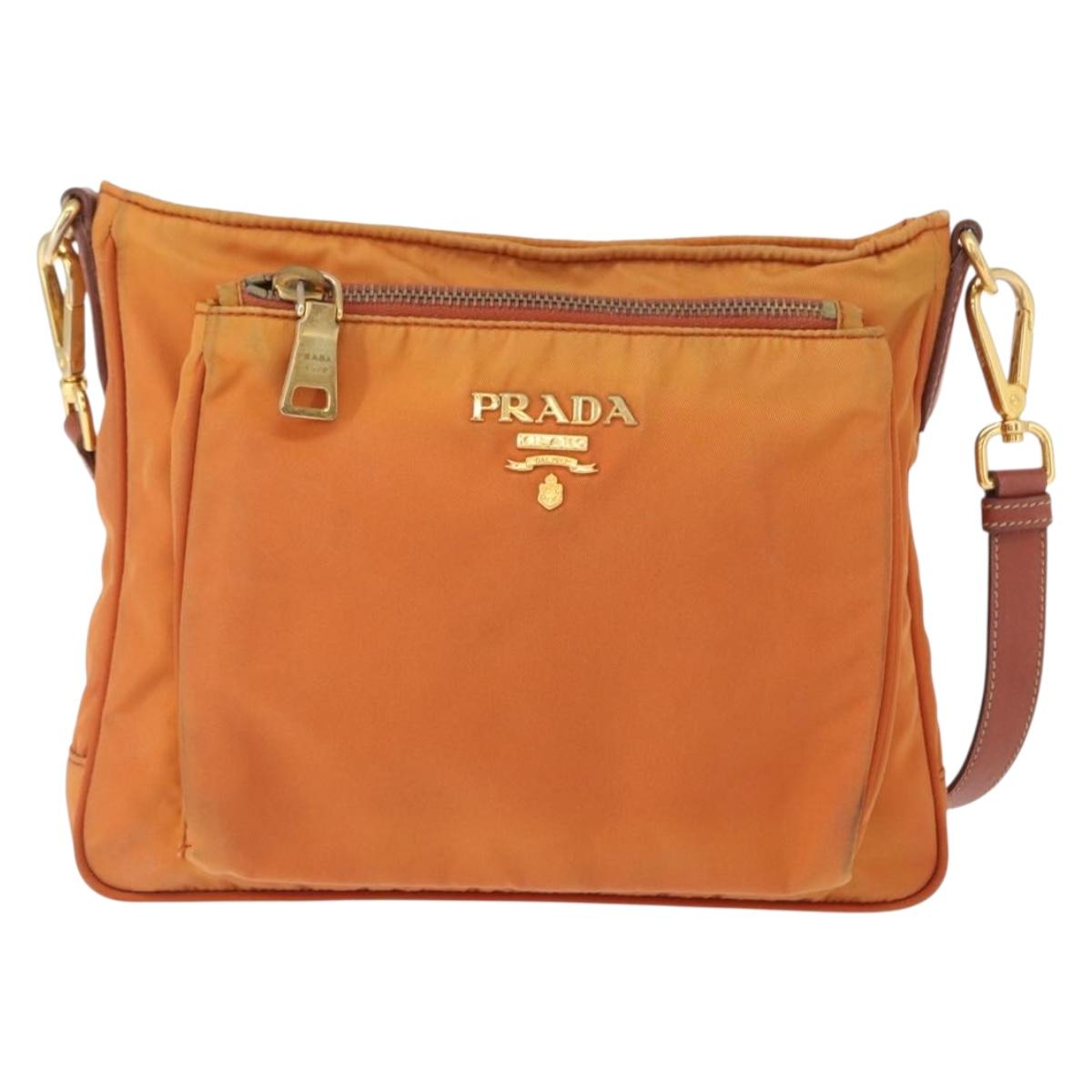 PRADA Shoulder Bag Nylon Leather Orange Gold Auth 155084
