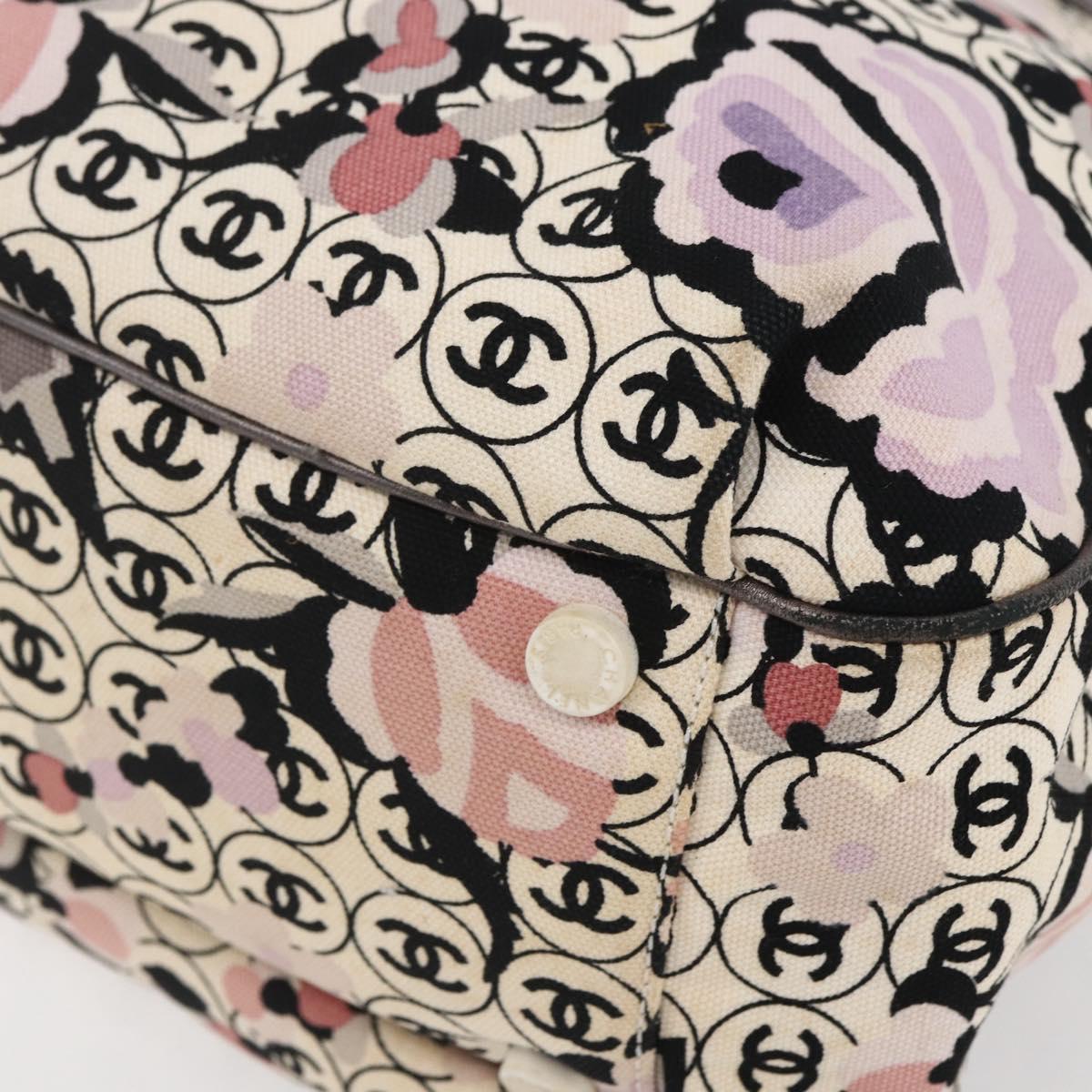 CHANEL Tote Bag Canvas Leather Beige Silver CC Auth 155092