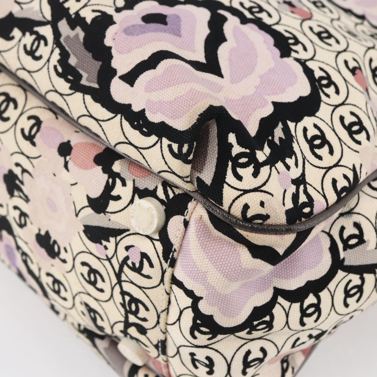 CHANEL Tote Bag Canvas Leather Beige Silver CC Auth 155092